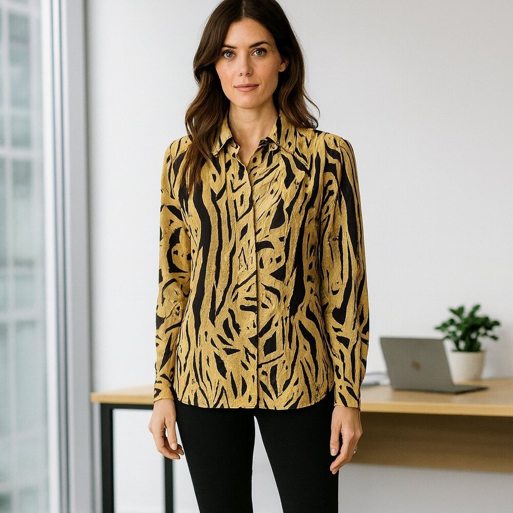 Vintage Alfred Dunner Animal Print Longline Button Front Blouse Tunic Mob Wife